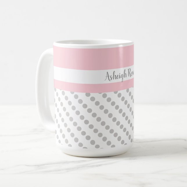 Caneca De Café Rosa e Cinzas, Bolinhas, Personalizadas (Frente Esquerda)