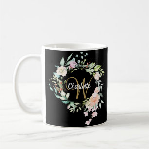 Caneca De Café Rosa Escuro Elegante Floral Monograma Dourado