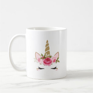 Caneca de Café Rosa Floral Dourado Unicórnio Fofo 