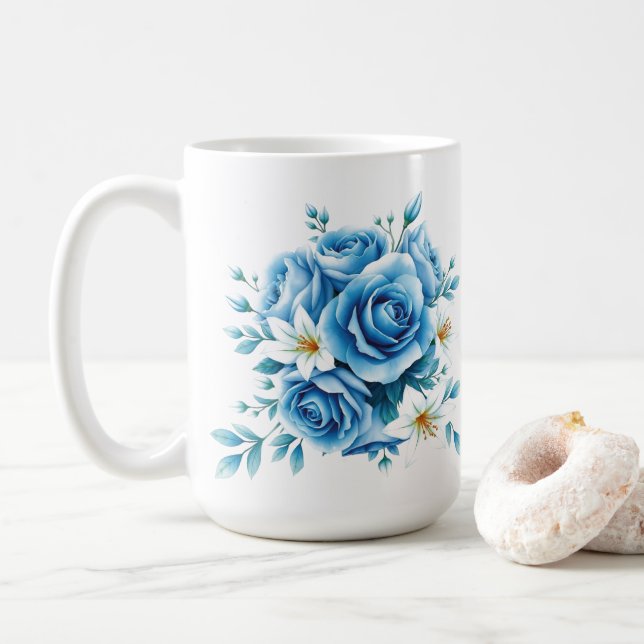 Caneca De Café Rosa Floral Elegante Azul (Com Donut)