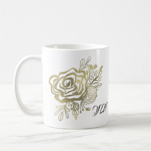 Caneca De Café Rosa Floral Francesa em Ouro Falso