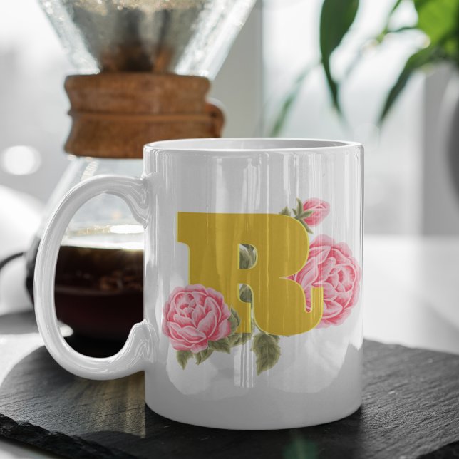 Caneca De Café Rosa Floral inicial - Letra monograma - Casal de n (Criador carregado)