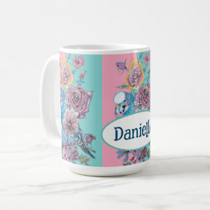 Caneca De Café Rosa Floral Rosa Água Azul Menina Nome