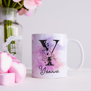 Caneca De Café Rosa Floral Roxo Letra Monograma Preto Y