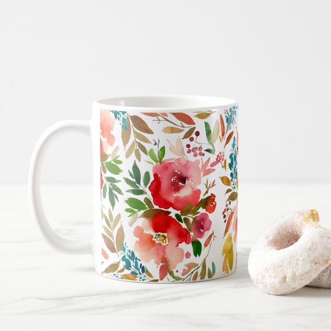 Caneca De Café Rosa floral vermelho-alaranjado (Com Donut)