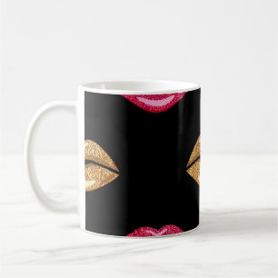 Caneca De Café Rosa Glamoroso Dourado: Padrão de Batom Brilhante