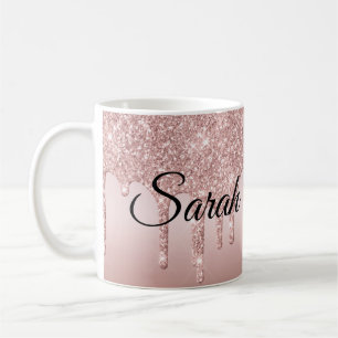 Caneca De Café Rosa Glitter Pingando Dourado Personalizado