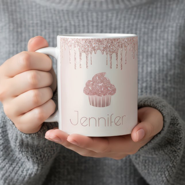 Caneca De Café Rosa gold cupcake glitter goteja o moderno copo de (Criador carregado)