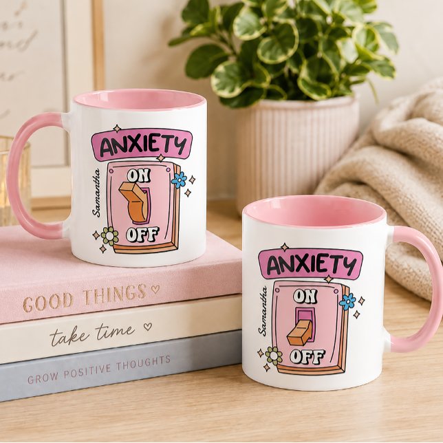 Caneca de Café Rosa Interruptor de Ansiedade Ligar (For those magical mornings when coffee is ON, productivity is questionable.)