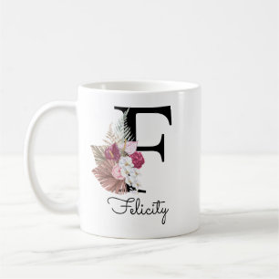 Caneca De Café Rosa Moderno Boho Floral Feminino Inicial F