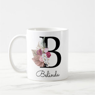 Caneca de Café Rosa Moderno Boho Floral Inicial B