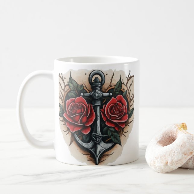 Caneca De Café Rosa Neo-Tradicional e Tatuagem de Âncora (Com Donut)