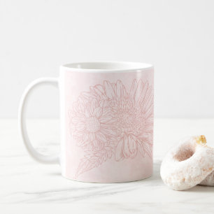 Caneca De Café Rosa Pálido Grunge com Nome e Crisântemos