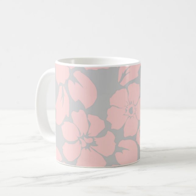 Caneca De Café Rosa Pastel e Floral Cinza (Frente Esquerda)