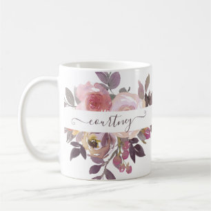 Caneca De Café Rosa pastel e floral personalizado roxo