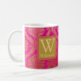 Caneca De Café Rosa Quente Elegante e Dourado Damask Personalizad