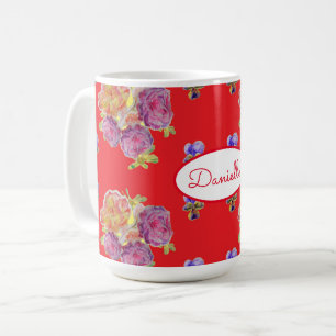 Caneca De Café Rosa Red Floral Rosas Vintage Garden Womans Retro