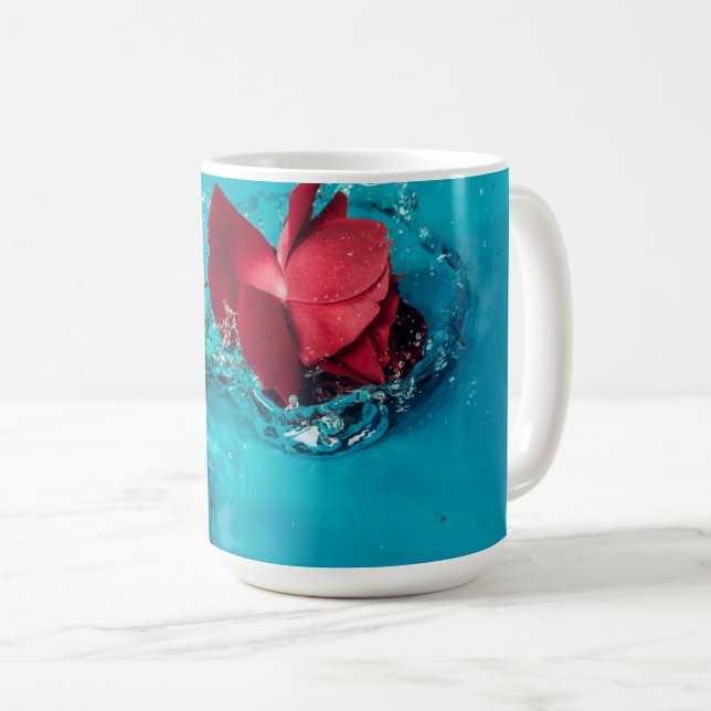 Caneca De Café  Rosa vermelha com fundo azul (Frente Esquerda)