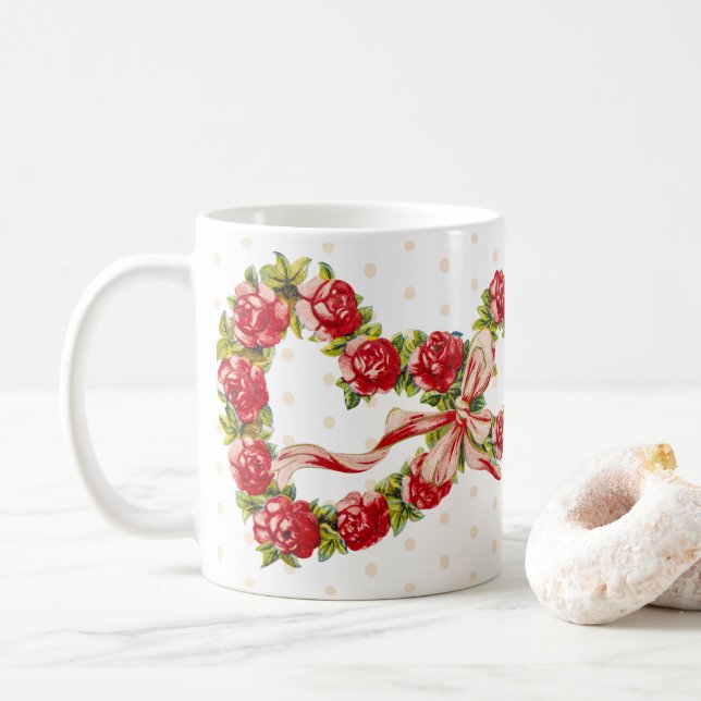 Caneca De Café Rosa vermelha Floral Coração Vermelhos Elegante (Com Donut)