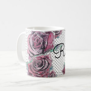 Caneca De Café Rosa vermelha Ponto de Aquarela Mulher Mug Inicial