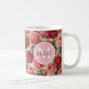 Caneca De Café Rosa vermelha Rosa Vintage, Floral Monograma