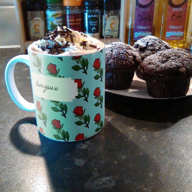 Caneca De Café Rosa Vermelha Única Adicione Seu Texto Padrão Româ (Criador carregado)