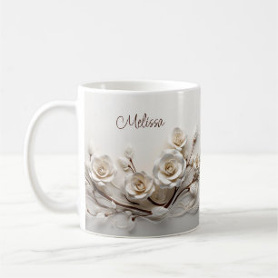 Caneca De Café Rosas 3D brancos elegantes