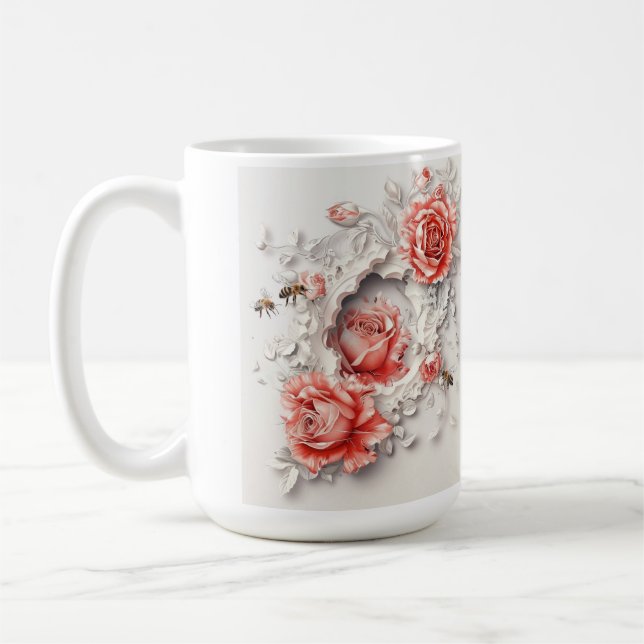 Caneca De Café Rosas 3D Elegantes, Abelhas E Beleza Botânica (Esquerda)