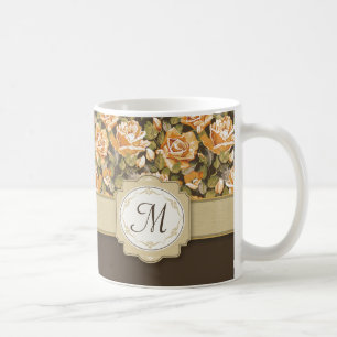 Caneca De Café Rosas Amarelas Douradas em Castanho com Monograma