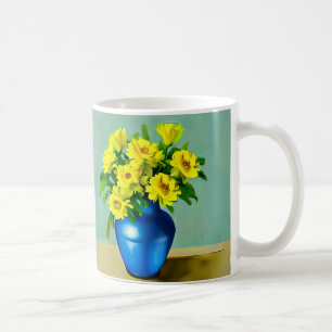 Caneca De Café Rosas Amarelas em Arte Azul Vase Boho
