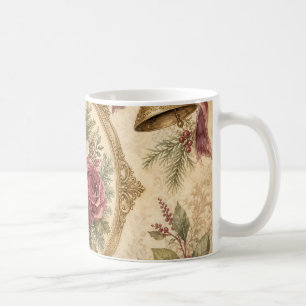 Caneca De Café Rosas Botânicas de Natal Vitoriano em Creme Antigo