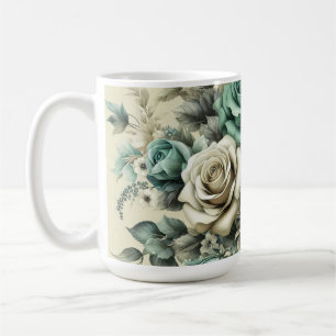 Caneca De Café Rosas Brancas e Teais