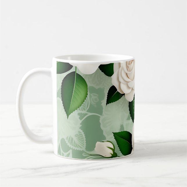 Caneca De Café Rosas Brancas Elegantes Em Verde (Esquerda)