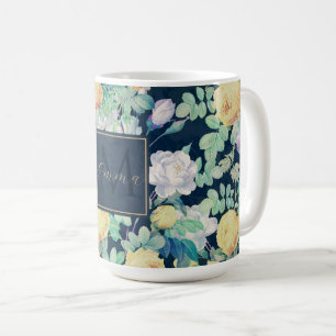 Caneca De Café Rosas brancas-romanas, brancas-Design florais azui