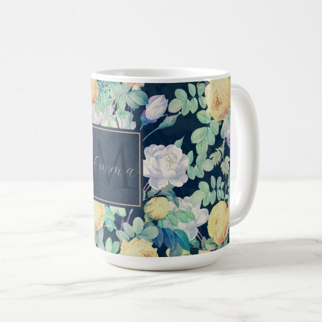 Caneca De Café Rosas brancas-romanas, brancas-Design florais azui (Frente Esquerda)