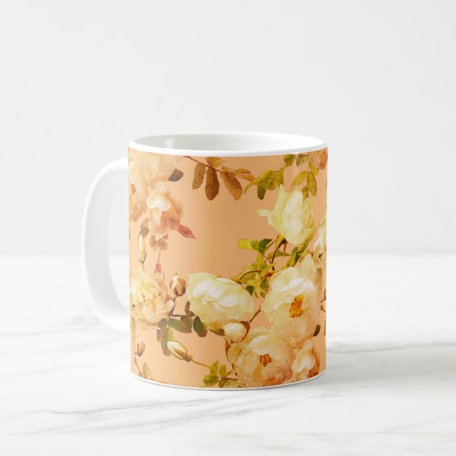 Caneca De Café Rosas brancas românticas sobre fundo laranja (Frente Esquerda)