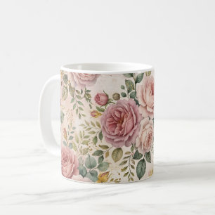 Caneca De Café Rosas Charme Rústico Poeira Rosa Salvia Verde Dour