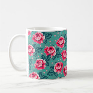 Caneca De Café Rosas Cor-de-Rosa Bonitas e Padrão de Bolinhas em