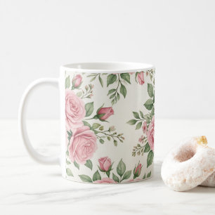Caneca De Café Rosas Cor-de-Rosa em Aquarela Vintage Padrão Flora