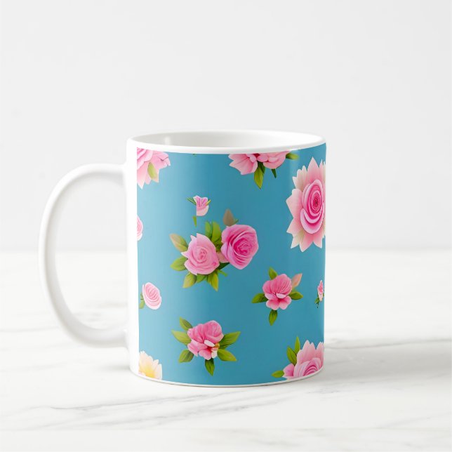 Caneca De Café Rosas Cor-de-Rosa em um Fundo Azul (Esquerda)