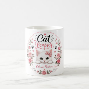 Caneca De Café Rosas Cor-de-Rosa Nome Personalizado Amante de Gat