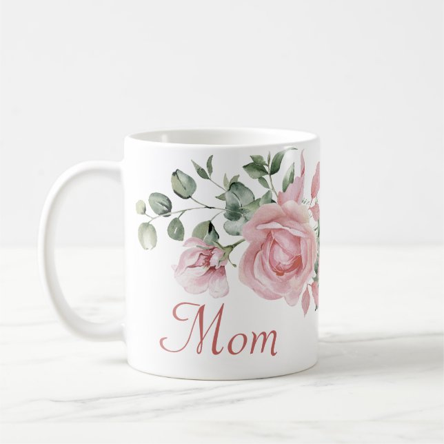 Caneca De Café Rosas Cor-de-Rosa Personalizadas para Mãe  (Esquerda)