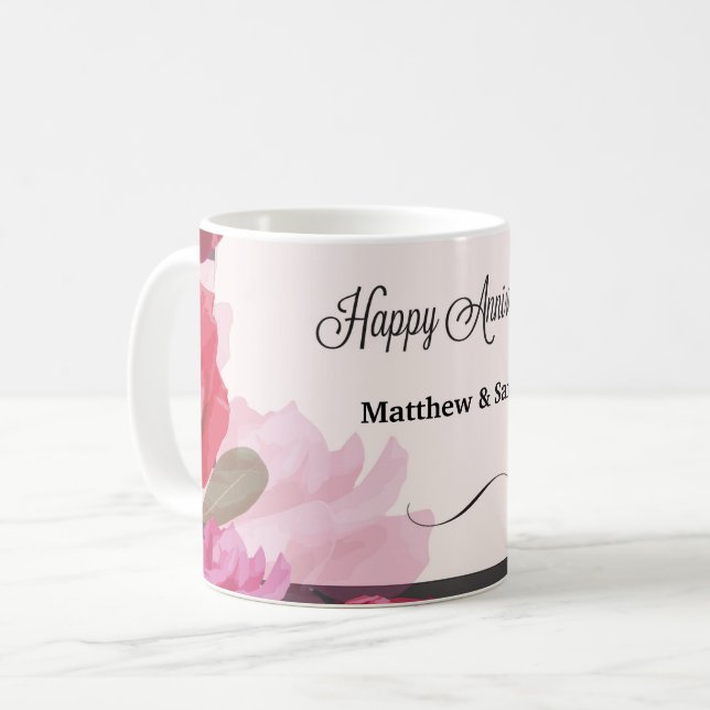 Caneca De Café Rosas de Aniversário de Casamento, Stripes, Nomes  (Frente Esquerda)