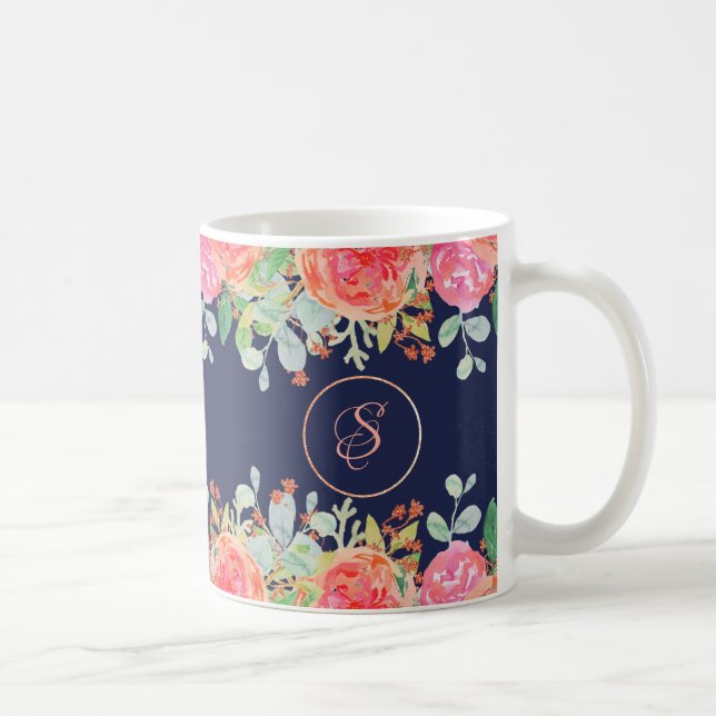 Caneca De Café Rosas de Aquarela Marinho Floral (Direita)