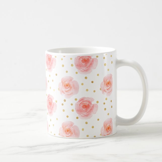 Caneca De Café Rosas de Aquarela Rosa de Confetti Dourado (Direita)