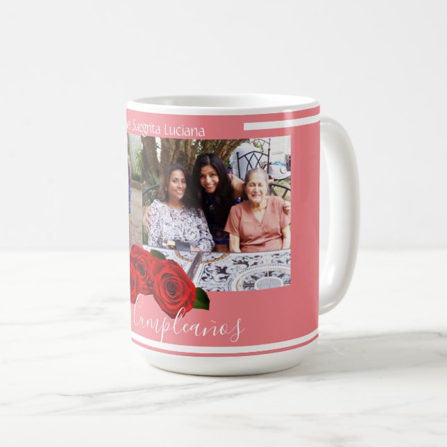 Caneca De Café Rosas de coral | Foto personalizada de feliz anive (Frente Esquerda)