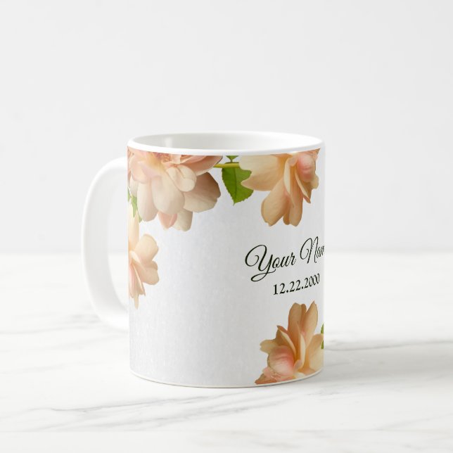 Caneca De Café Rosas de Pêssego Flores de Glitter Prata Festa de  (Frente Esquerda)