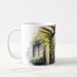 Caneca De Café Rosas Douradas em Parede de Pedra Rústica de Casa