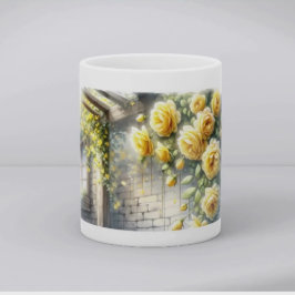Caneca De Café Rosas Douradas em Parede de Pedra Rústica de Casa