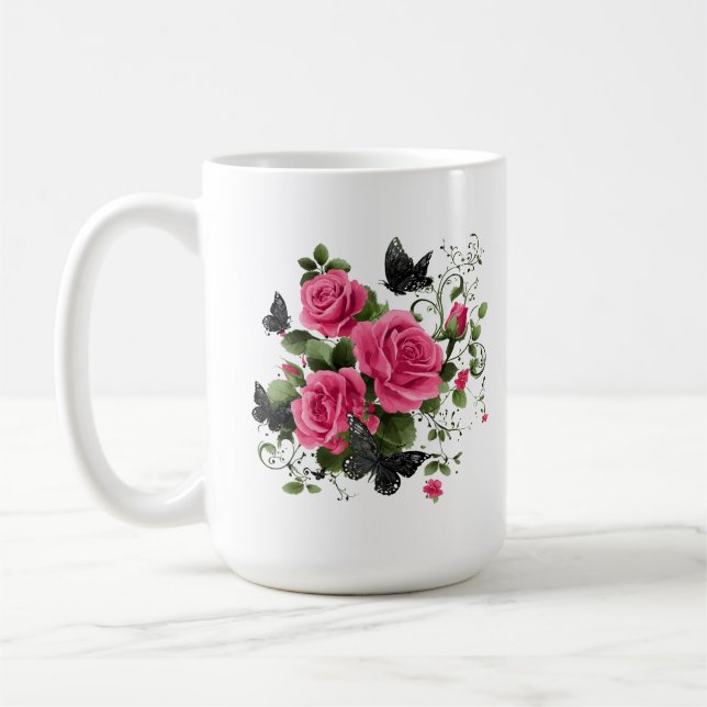 Caneca De Café Rosas e Borboletas, Design Colorido, (Esquerda)